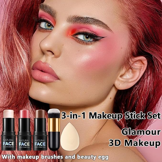 3 Pcs Contour Stick, Highlighter Stick, Blush Stick, Cream Contour Kit with Contour Brush, Create Face Contour, Non-greasy, Waterproof Long-lasting Effect for Women (2+5+6,LIGHT MEDIUM)