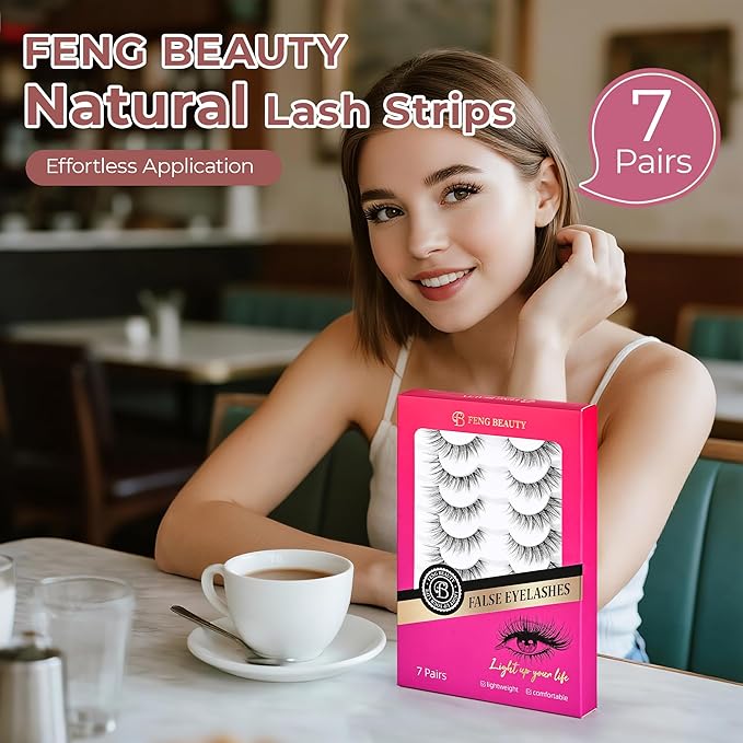 Wispy Lashes - Natural False Eyelashes Strip Lashes with Clear Band for Daily Wear 7 Pairs Cat Eye Lashes 12mm Reusable Fake Lashes That Look Like Extensions