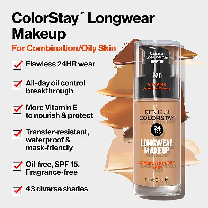 Revlon Liquid Foundation, ColorStay Face Makeup for Combination & Oily Skin, SPF 15, Medium-Full Coverage with Matte Finish, Light Honey (260), 1.0 oz