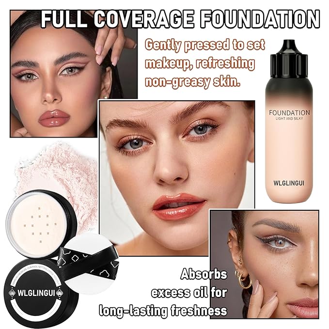 Full Coverage Liquid Foundation Makeup Set,Oil Control Concealer Long Lasting Waterproof Loose Setting Face Powder,Moisturizing BB Cream Set with Soft Makeup Sponge and Foundation Makeup Brush（4PCS）
