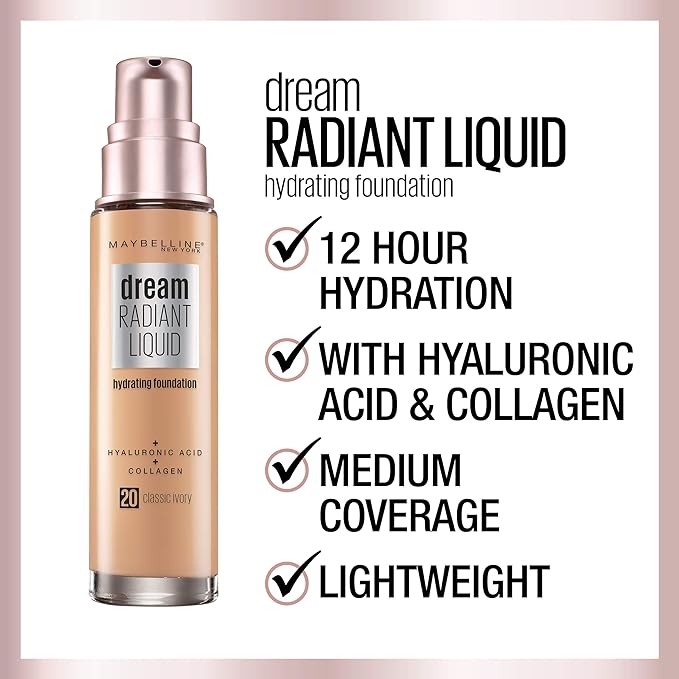 Maybelline Dream Radiant Liquid Medium Coverage Hydrating Makeup, Lightweight Liquid Foundation, Cashew, 1 Fl; Oz
