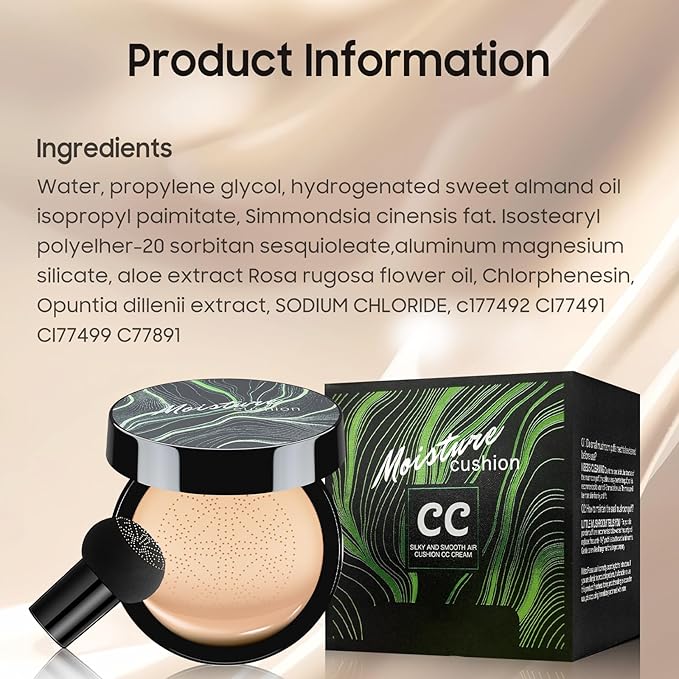 Air Cushion CC Cream Mushroom Head Foundation - Moisturizing BB Creams Foundation, Long-Lasting Waterproof Matte Concealer for Even Skin Tone (Natural, 1 PCS)