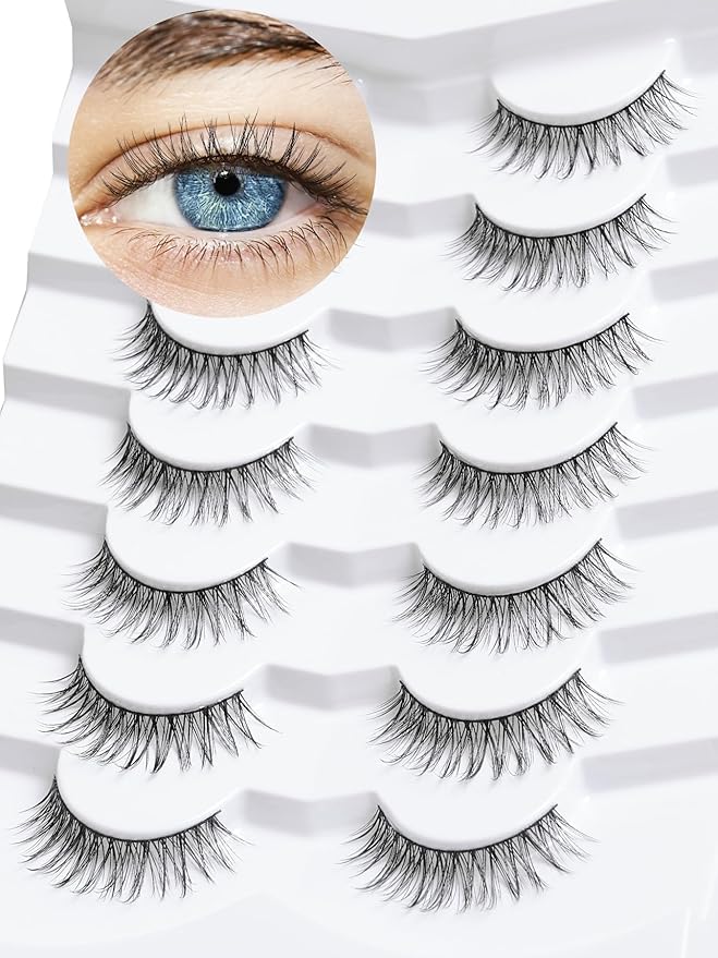 False Eyelashes Natural Look Wispy Lashes 10mm Short Lash C Curl 0.1MM Thin Band Lashes Pack Siligli Fake Eyelash 7 Pair