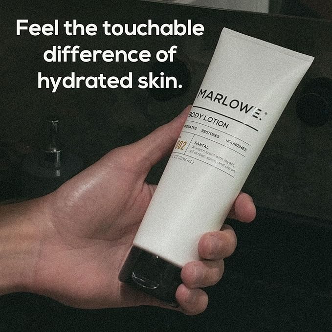 MARLOWE. No. 002 Santal Body Lotion 8 Oz, Moisturizing & Nourishing Daily Dry Skin Lotion for Men, Made with Hydrating Natural Aloe Vera, Non-Oily, Warm Amber, Sandalwood & Citron Scent, Vegan