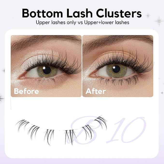 GAQQI Bottom Lash Clusters Natural Bottom Lashes Clear Band, DIY Lash Extensions Lower Lashes, Soft & Comfortable Thin Band Bottom Eyelashes Wispy Daily Style 5mm+6mm 48pcs(B10)