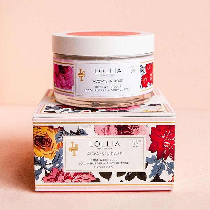 LOLLIA Always in Rose Body Butter, 5.5 oz. - Rose & Hibiscus Fragrance – Shea Butter & Cocoa Butter, Body Lotion for Women, Hydrating & Smooth Body Moisturizer