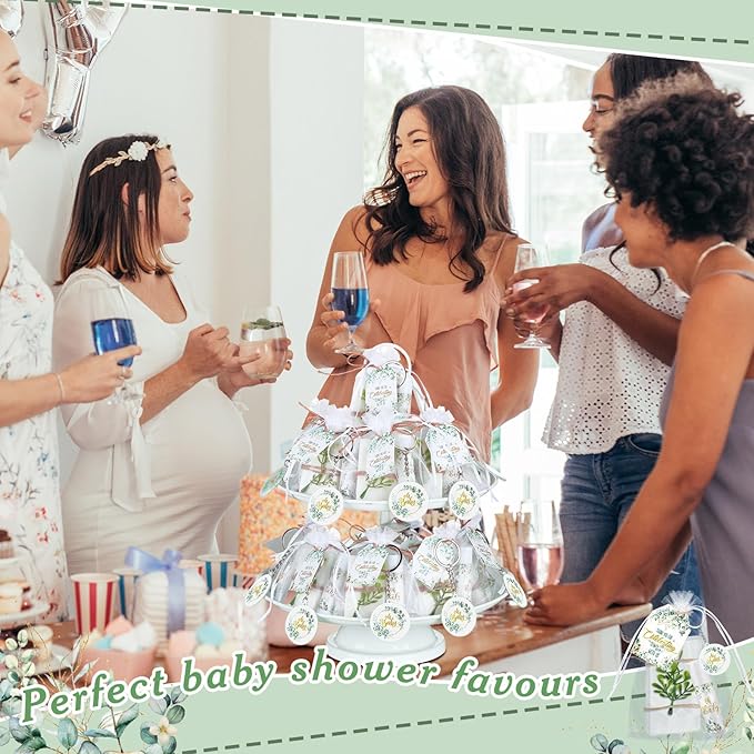 60 Sets 360 Pcs Lip Balm Soap Keychain Favors Eucalyptus Greenery Baby Shower Favors with Organza Bag Gift Card Faux Eucalyptus Greenery for Baby Shower Gift Gender Reveal Guest Prize