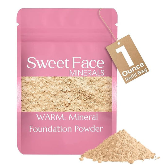 Foundation Powder Refill (Warm)(1 Ounce Bag) By Sweet Face Minerals, Lightweight Mineral Loose Makeup Powder with SPF 20, Full Coverage Flawless Finish, Talc-free, Cruelty-Free, Refillable Pouch