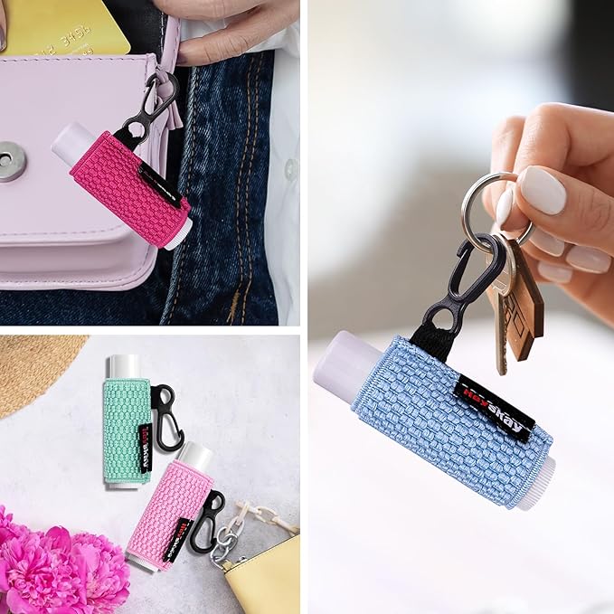 3PCS Lip Balm Holder Sleeves Keychain Lipstick Sleeves Lip Gloss Holder Keychain Chapstick Elastic Sleeves(Brown/light blue/purple)