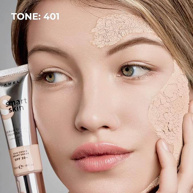 LAMEL Smartskin Serum Tinted Foundation - Hydrating & Nourishing - Hypoallergenic & Skin-Caring - Color Correcting - Anti-Aging Formula with Hyaluronic Acid - 401, 1.18 fl.oz