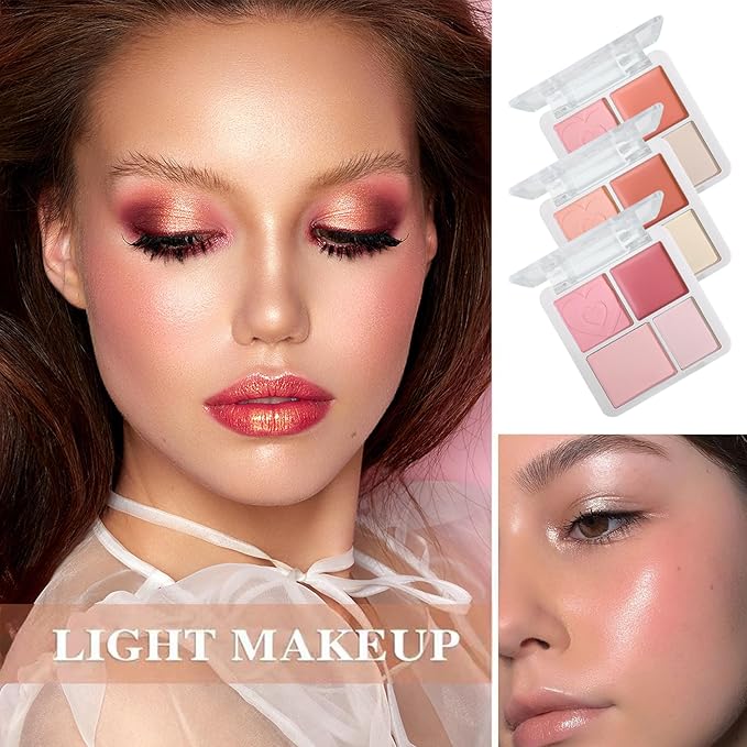 3Pcs 4 Colors Blush Palette,Matte Contour Makeup Blush for Cheeks,Waterproofing Highly Pigmented Face Cheek Blusher with Make Up Brush A11
