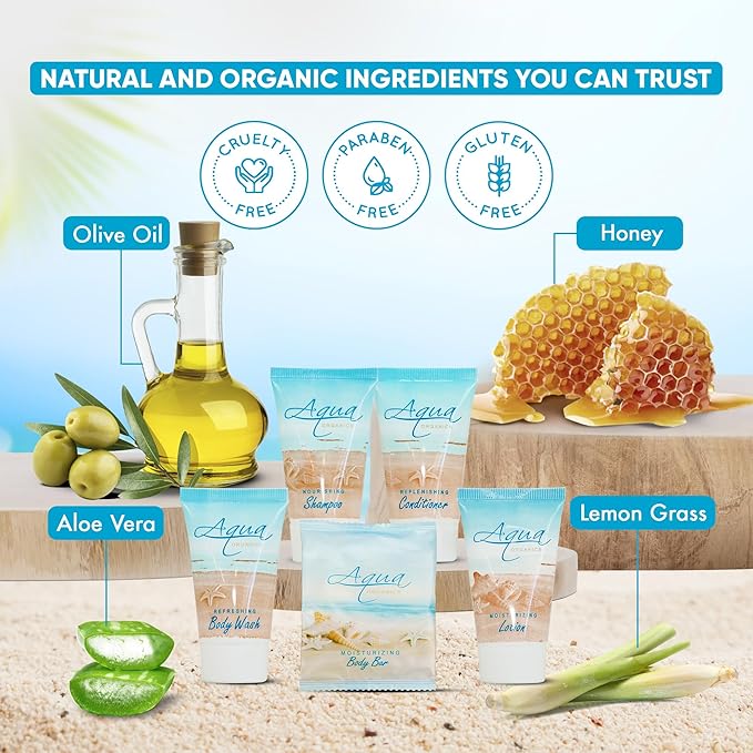 Aqua Organics Hotel Soaps and Toiletries Bulk Set | 1oz Hotel Shampoo & Conditioner, Body Wash, Body Lotion & 1oz Bar Soap Travel Size | Half Pallet 21 cases with 300 units each - 6,300 pieces