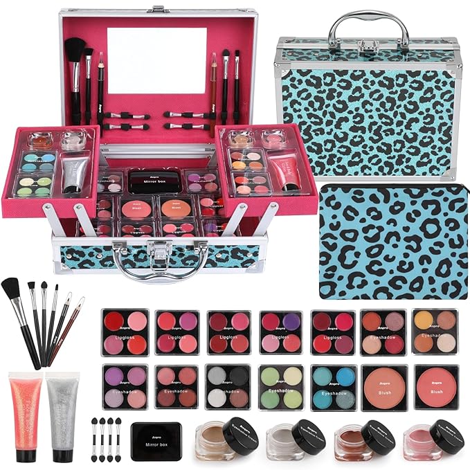 Anpro All-In-One Leopord Double Folding Makeup Carry Case with Pro Teen Makeup Set, Full Starter Kit with Makeup Brushes, Lipsticks, Eyeshadow Palette, Blushes, Glitter Gel, Ideal Present for Girls