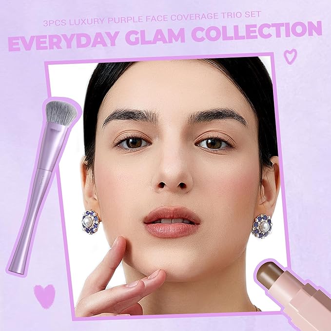 Jessup Face Makeup Brush Set 3 pcs, Ultra-Soft Dense Makeup Brushes for Foundation Contour Powder and Blush, Premium Synthetic Fiber, Luxury Purple T513