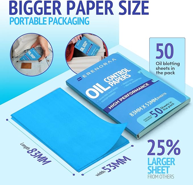 Oil Blotting Sheets for Face - Portable 1x50 Blue Oil Wipes Sheets for Face - Japanese High Performance Technology Makeup Blotting Paper -Grain Free Softer Oil Pads Absorbing Face Oil Tissues for Face