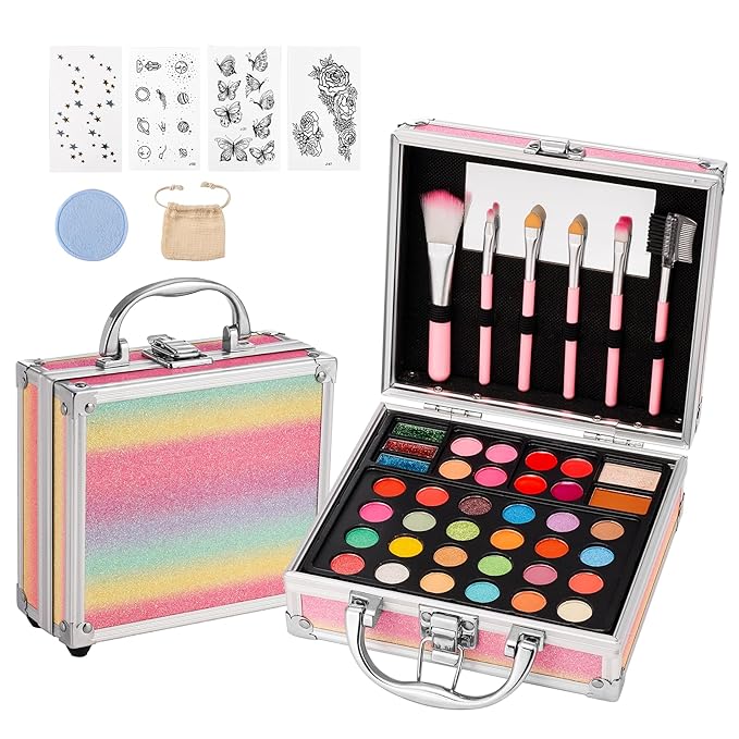 Anpro All-In-One Makeup Carry Case with Pro Teen Makeup Set, Full Starter Cosmetics Kit with Makeup Brushes, Eye Shadows Palette, Blushes, Glitter Gel, Temporary Tattoo Stickers - Colorful