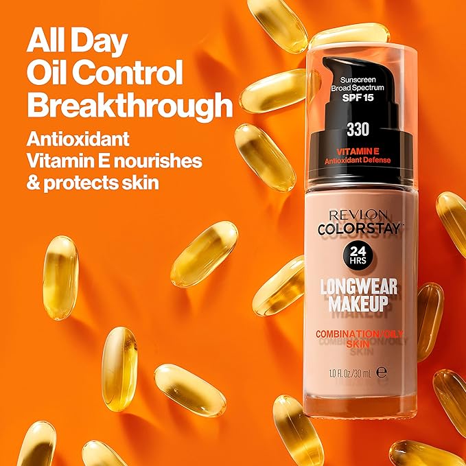 Revlon Liquid Foundation, ColorStay Face Makeup for Combination & Oily Skin, SPF 15, Medium-Full Coverage with Matte Finish, Butterscotch (315), 1.0 oz