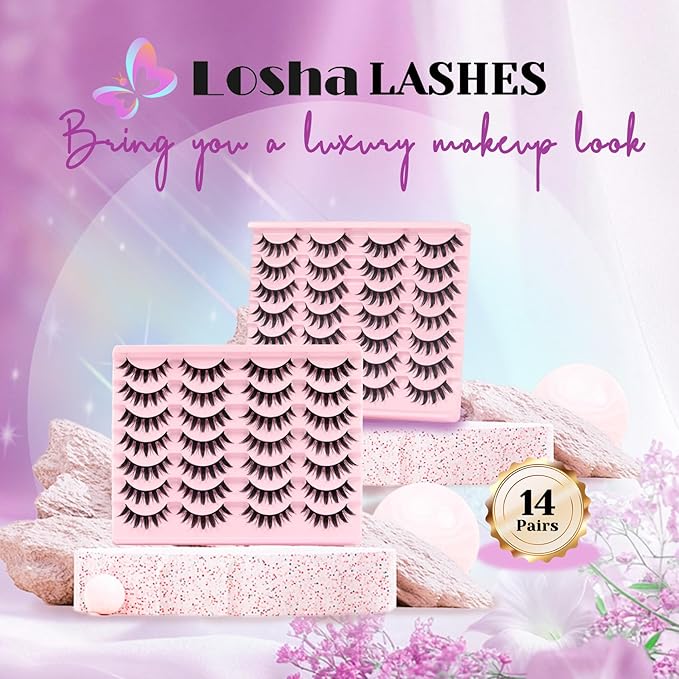 Losha Lashes Spiky Manga Lashes 14 Pairs Anime False Eyelashes 8D Wispy Asian Eye Lashes Pack Natural Soft Fake Eyelashes (Cutes Only)
