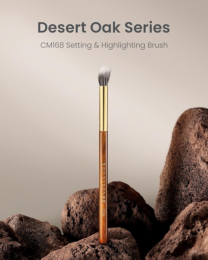 Desert Oak Series Stippling Brush - Dual-Length White & Gray LambsGoat Hair Bristles, Sloped Edge for Cream/Powder Perfection, Ebana Handle & Brass Ferrule (CM 168)