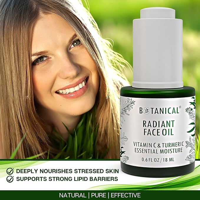 Botanical Radiant Face Oil | Skin Brightening Turmeric & Vitamin C Serum w/Gua Sha Lift Scraper | Organic, Pure, Natural Skincare (0.6 fl oz | 18 ml)