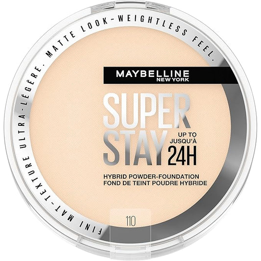 Maybelline Super Stay Up to 24HR Hybrid Powder-Foundation, Medium-to-Full Coverage Makeup, Matte Finish, 110, 1 Count