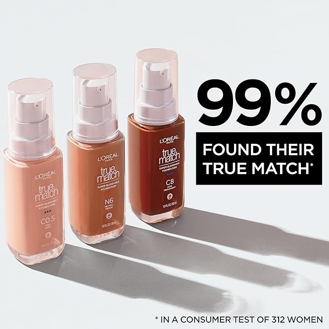 L'Oreal Paris True Match Super-Blendable Foundation, Medium Coverage Liquid Foundation Makeup, C2, Light, 1 Fl Oz