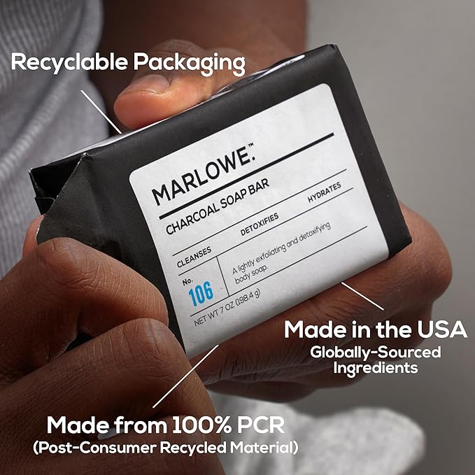 MARLOWE. No. 106 Charcoal Soap 7 oz (6 Bars) Body Bar Soap for Men, Cleansing, Purifying & Hydrating with Natural Extracts, Shea Butter, Olive Oil & Green Tea Extracts, Fresh Woodsy Scent