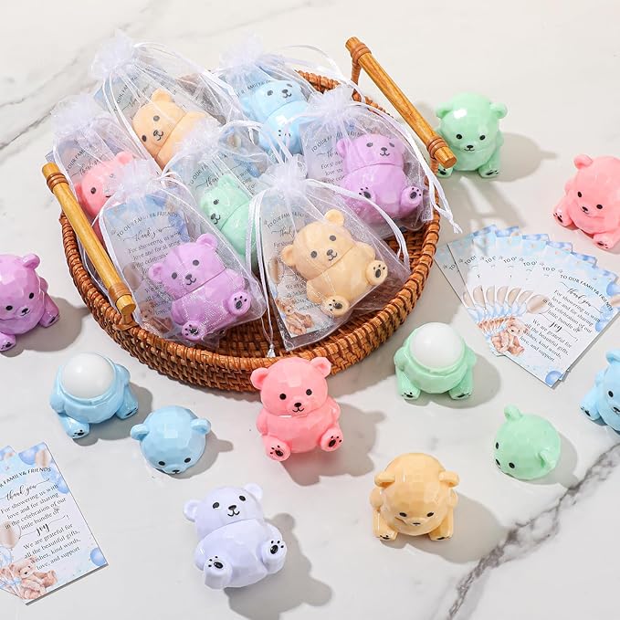 24 Sets Baby Shower Bear Lip Balm Favors Bear Lip Care Transparent Lipstick with Gift Bags and Thank You Cards for Baby Shower Gender Reveal Favors Decorations Gift Supplies