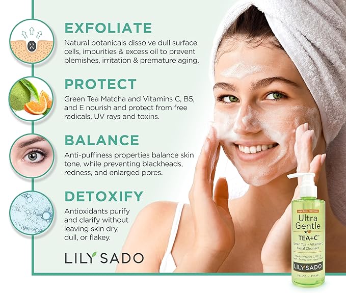 LILY SADO TEA+C™ Green Tea & Vitamin C Face Cleanser – Natural Vegan Antioxidant Daily Face Wash with Aloe, Rosehip, Meadowfoam - Gentle Deep Cleansing for Acne, Blackheads, Blemishes. 8 oz