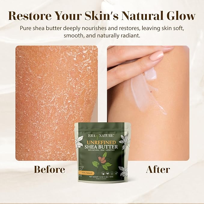 era of nature Organic Unrefined Raw African Ivory White Shea Butter 16oz - Moisturizing Raw Shea Butter Bar for Skin & Hair, DIY Lip Balm Base, Cream, Soap & Lotion Making Supplies Kit, Skincare