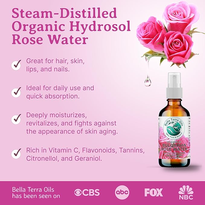 Bella Terra Oils - Rosewater Spray 16 oz - Embrace The Timeless Beauty of Pure Organic Rose Water, Ideal for Skin & Hair, Immerse in Natural Rose Fragrance