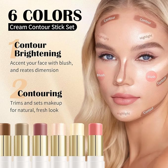 6 Colors Cream Contour Stick Set,Double-ended Cream Bronzer Stick,Highlighter Stick,Blush Stick,Professional Highlighter Makeup Contour Kit,Easy to Sculp Contorno Maquillaje（Set A）