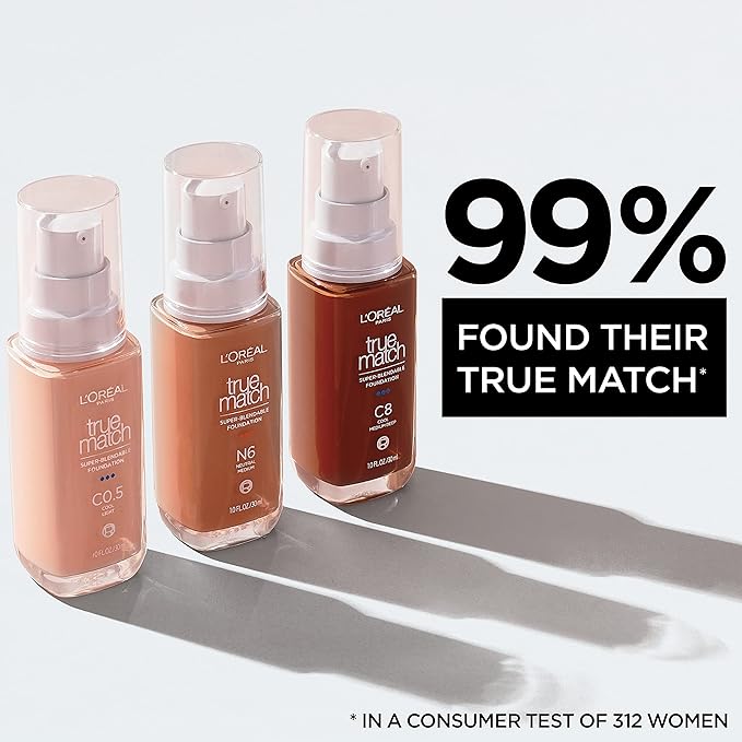 L'Oreal Paris True Match Super-Blendable Foundation, Medium Coverage Liquid Foundation Makeup, N2, Light, 1 Fl Oz