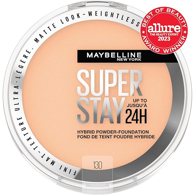 Maybelline Super Stay Up to 24HR Hybrid Powder-Foundation, Medium-to-Full Coverage Makeup, Matte Finish, 130, 1 Count