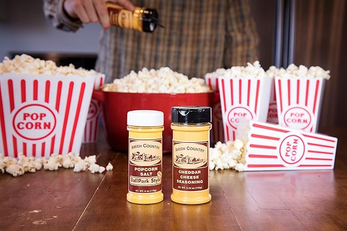 Amish Country Popcorn | Seasoning Variety Pack | BallPark Style ButterSalt - 5.5 oz & Cheddar Cheese - 4.7 oz Popcorn Seasoning | Old Fashioned, Non-GMO and Gluten Free