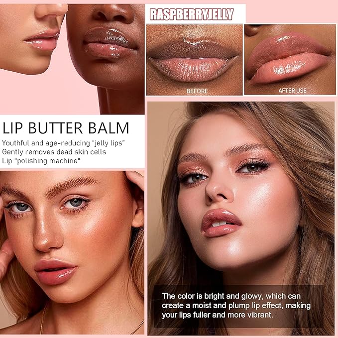 4 Color Glossy Lip Butter Balm, Moisturizing Lip Gloss Butter Non Sticky High Shiny Finish Lip Glow Oil, Natural Plumping Lip Tint Lip Care & Repair Lip Mask for Soft & Smooth & Protect Dry Lip