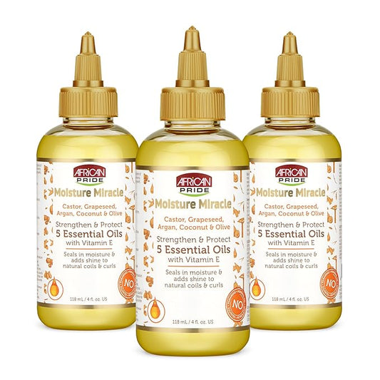 African Pride Moisture Miracle 5 Essential Hair Oils with Vitamin E (Pack of 3) | Moisture, Shine, Protection, and Growth | Argan, Castor, Grapeseed, Coconut, and Olive Oil | 4 oz