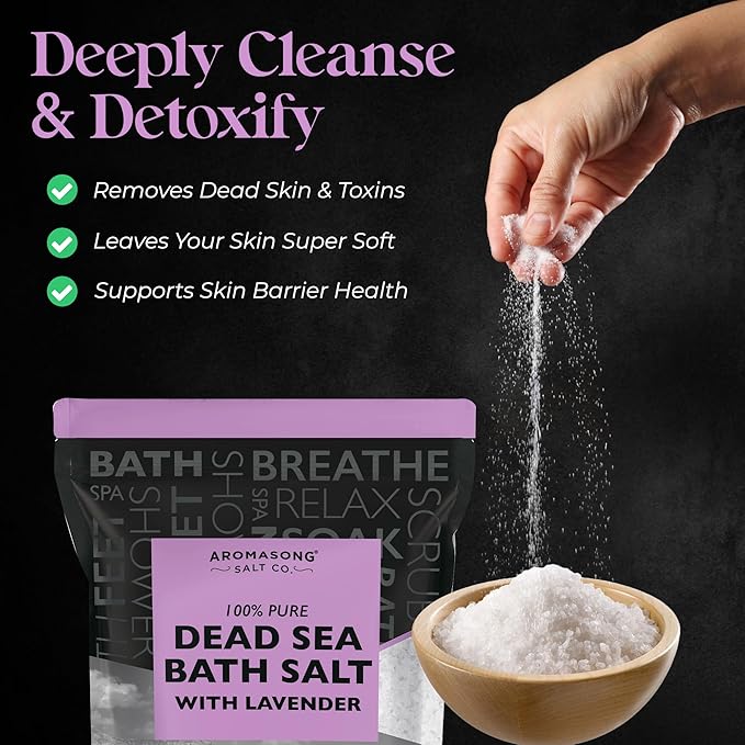 Aromasong Pure Dead Sea Salt for Soaking with 100% Natural Lavender, 19 LB - Spa Bath Salt Fine Grain - Body Wash Scrub - Soak for Women & Men- Bulk Resealable Pack
