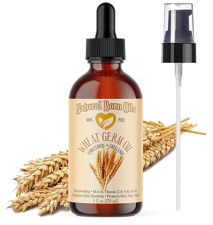 Natural Born Oils Wheat Germ Oil. 4oz. 100% Pure, Natural, Organic, Cold-pressed, Unrefined, Rejuvenating, Rich in Vitamin E. Moisturizer for Skin Hair