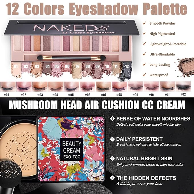 All in One Makeup Kit,Includes Naked Eyeshadow,CC Cream,Liquid Foundation,Lipstick Set,Mascara,Makeup Brush,Makeup Sponge,Eyebrow Pencil,Eyebrow Soap,Eyeliner Stamp, Primer,Contour Stick,Cosmetic Bag