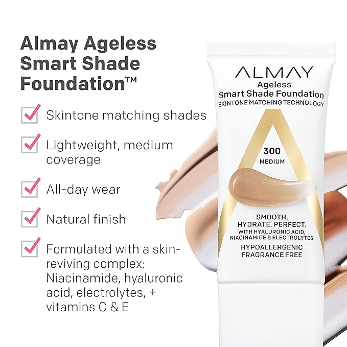 Almay Anti-Aging Foundation, Smart Shade Face Makeup with Hyaluronic Acid, Niacinamide, Vitamin C & E, Hypoallergenic-Fragrance Free, 200 Light Medium, 1 Fl Oz (Pack of 1)