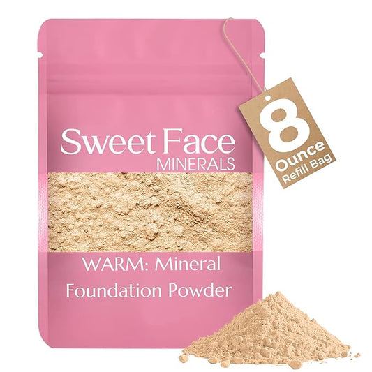 Foundation Powder Refill (Warm)(8 Ounce Bag) By Sweet Face Minerals, Lightweight Mineral Loose Makeup Powder with SPF 20, Full Coverage Flawless Finish, Talc-free, Cruelty-Free, Refillable Pouch
