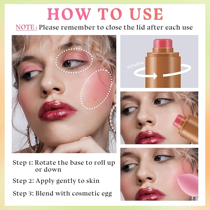 3PCS Blush Stick for Cheeks,Multi-use Solid Matte Makeup Stick Blush Cream for Cheek Eyes and Lips Tint,Moisturizing Tinted Cream Blush,Natural Blendable Cheek Blusher with 3 Makeup Sponges A4