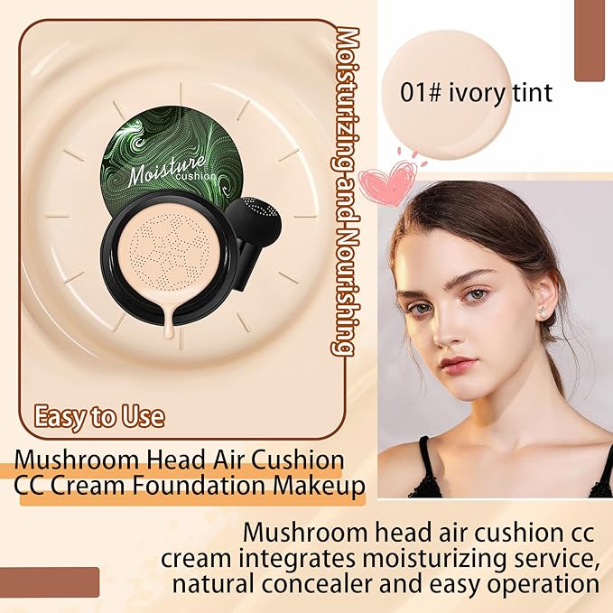 Mushroom Head Air Cushion CC Cream Foundation Makeup,Moisturizing Non-Greasy BB Cream Foundation,Long Lasting Matte Concealer Full Coverage Face Makeup Liquid Foundation for All Skin Types(Ivory)