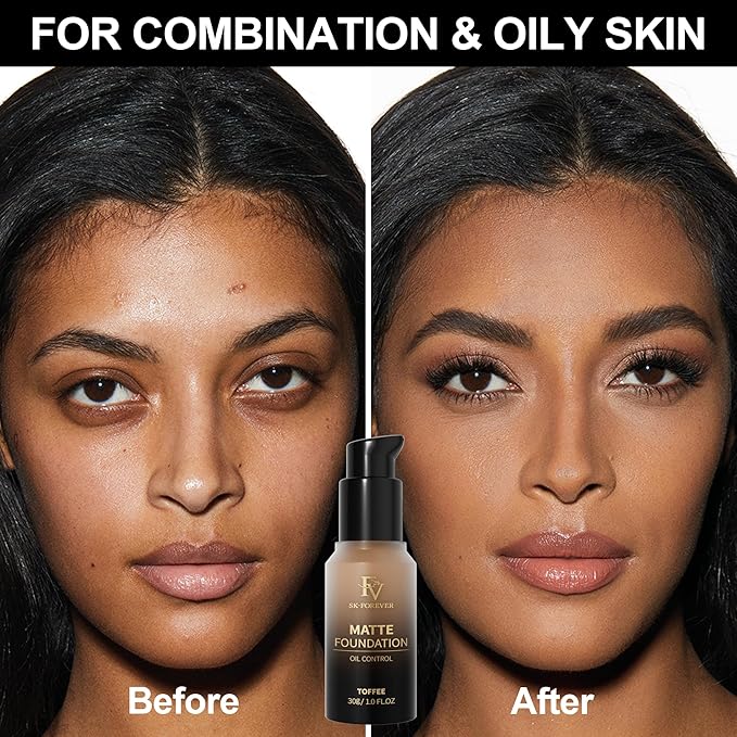 FV Full Coverage Liquid Foundation, Lightweight & Concealing, Long Lasting Matte Foundation Makeup with Flawless Finish, Oil Control Waterproof Foundation for Oily Skin (Toffee Matte)