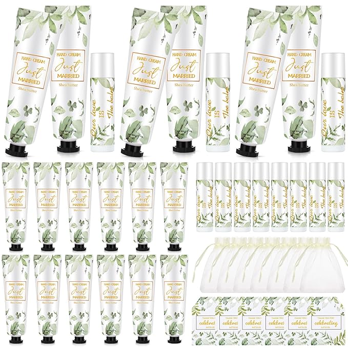 25 Set Wedding Lip Balms and Hand Cream Gift Set Include 25 Moisturizing Hand Care Cream 25 Lip Balms with Thank You Cards and Bags Bridesmaid Gift Set for Bridal Shower Wedding(Greenery)