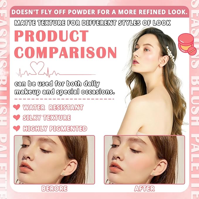 4 Colors Blush Palette for Cheeks,Face Matte Contour Blush Makeup Palette,Buildable Shimmer Facial Cheek Blusher Shades,Blendable Cosmetic Makeup Blush with Blush Brush 01