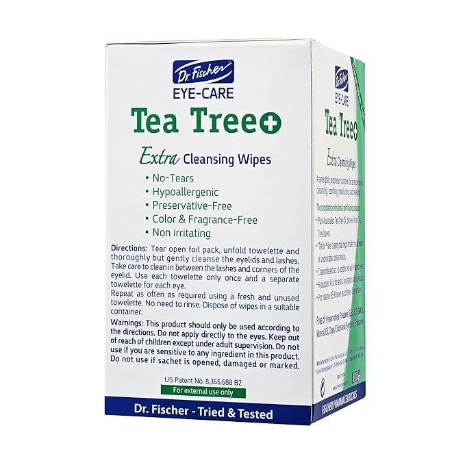Dr. Fischer Tea Tree Oil Eye Wipes - Eyelid Wipes for Sensitive Eyes with Hyaluronic Acid and Chamomile, Makeup Remover, Daily Cleanser (60 wipes)