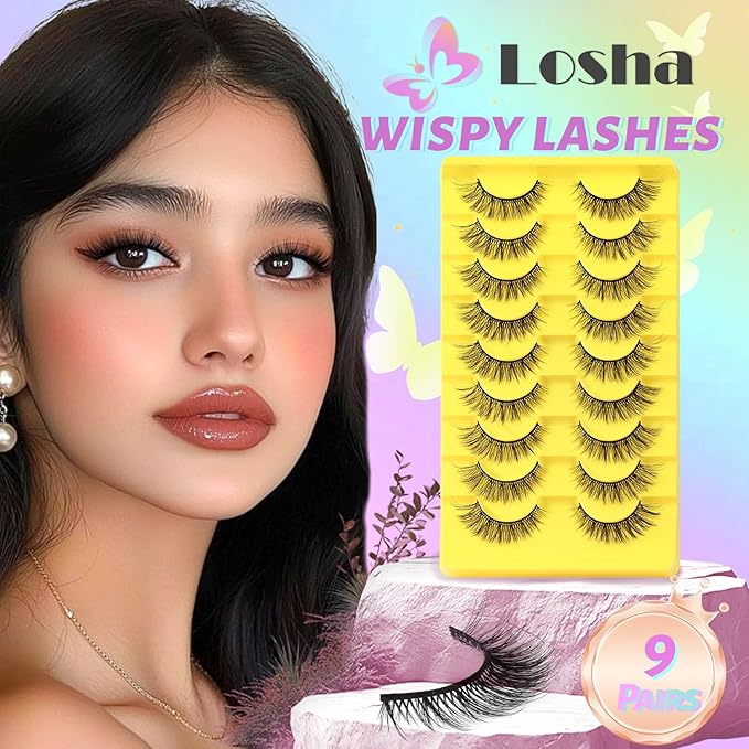 Losha Lashes Wispy Cat Eye Lashes 3D Natural False Eyelashes 9 Pairs Thin Faux Mink Lashes Pack Soft Lightweight Fake Eyelashes (Wispies)