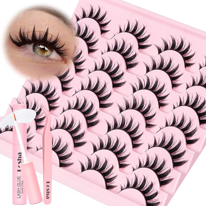Losha Lashes Spiky Manga Lashes 14 Pairs Anime False Eyelashes 8D Wispy Eye Lashes Kit with Lash Glue and Lash Tweezers Natural Soft Fake Eyelashes (Cutes)